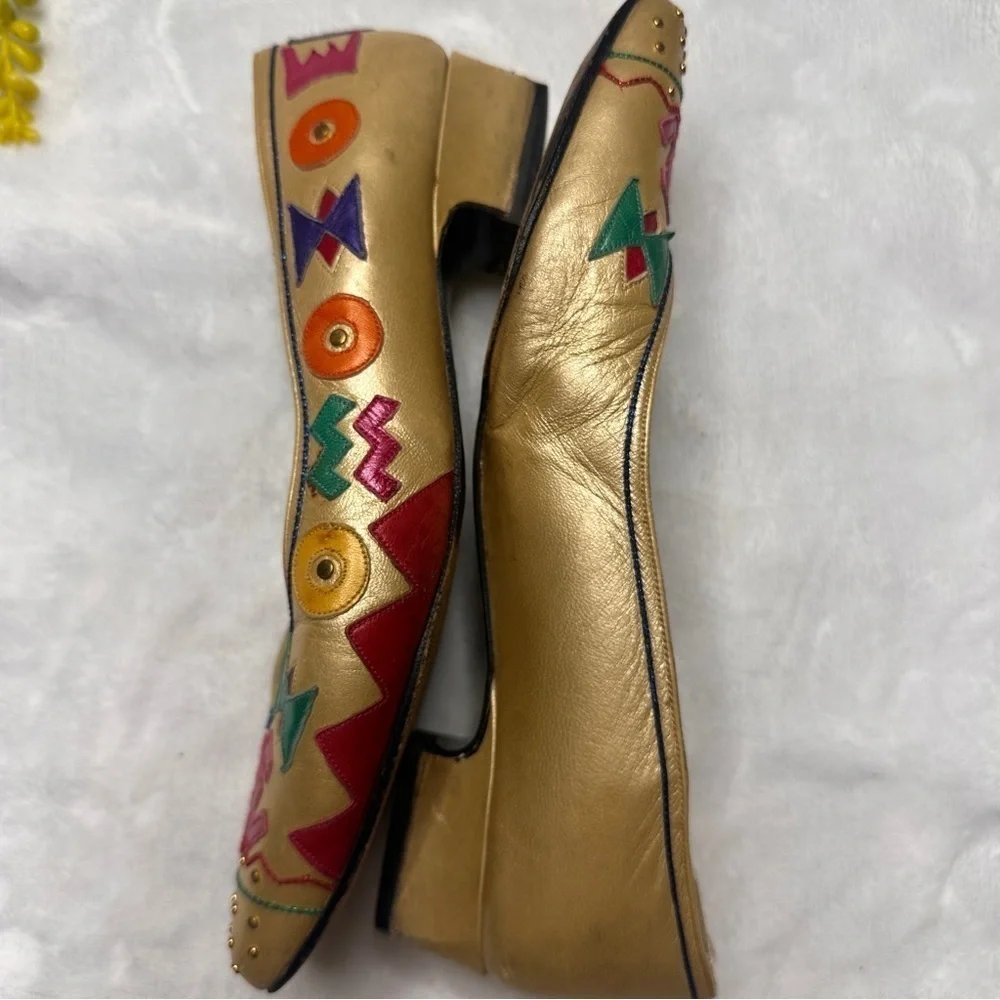 Margaret Jerrold Vintage 80s Leather Flats Aztec Southwestern Print Womens 6.5